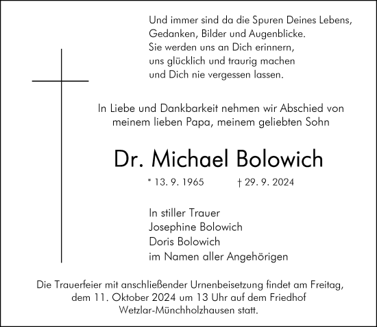 Traueranzeige von Dr. Michael Bolowich von Wetzlarer Neue Zeitung