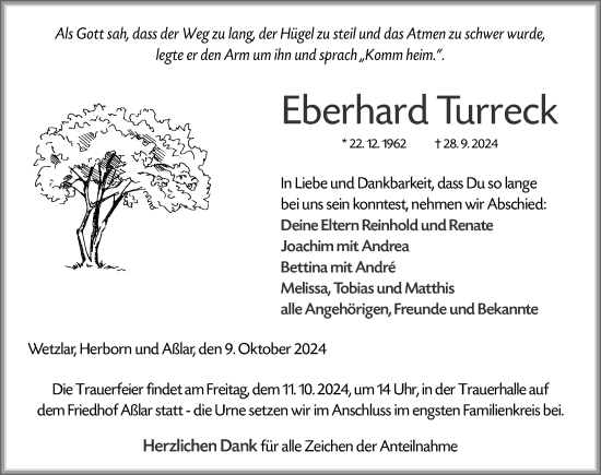 Traueranzeige von Eberhard Turreck von Wetzlarer Neue Zeitung