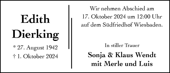 Traueranzeige von Edith Dierking von Wiesbadener Kurier