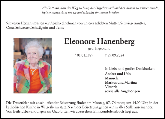 Traueranzeige von Eleonore Hanenberg von Allgemeine Zeitung Rheinhessen-Nahe