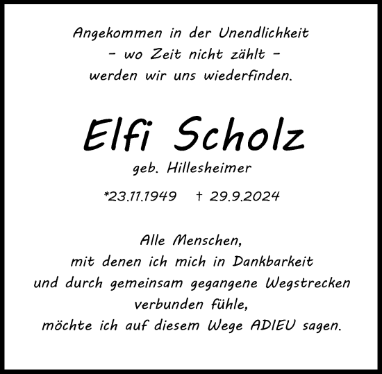 Traueranzeige von Elfi Scholz von Allgemeine Zeitung Rheinhessen-Nahe