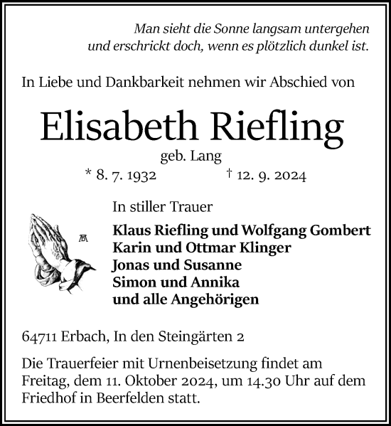 Traueranzeige von Elisabeth Riefling von Odenwälder Echo