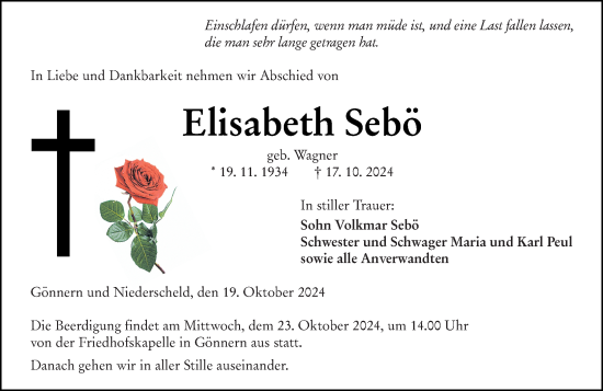 Traueranzeige von Elisabeth Sebö von Hinterländer Anzeiger