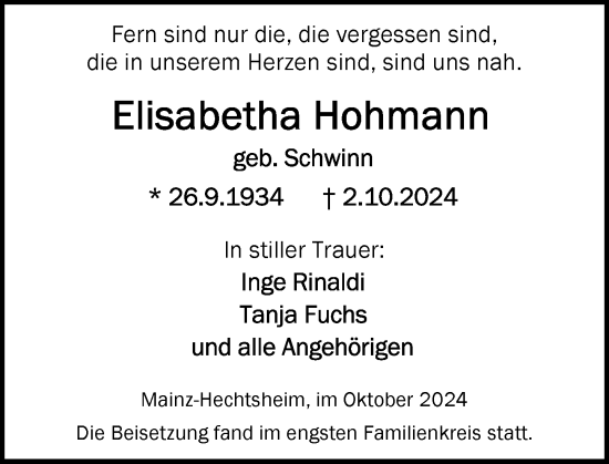 Traueranzeige von Elisabetha Hohmann von Allgemeine Zeitung Mainz