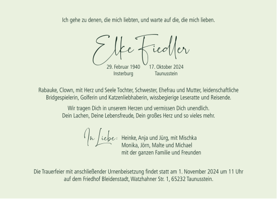 Traueranzeige von Elke Fiedler von Wiesbadener Kurier