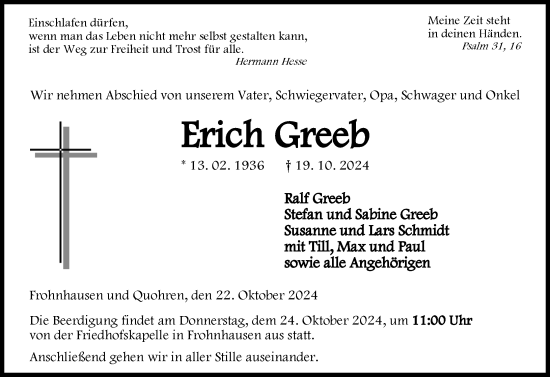 Traueranzeige von Erich Greeb von Dill Block