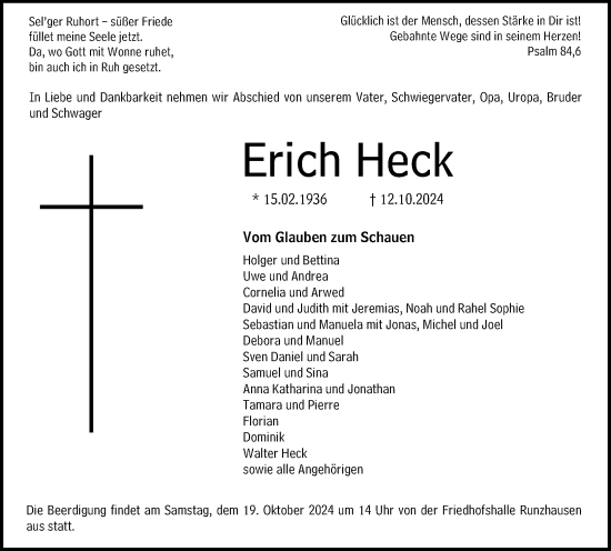 Traueranzeige von Erich Heck von Hinterländer Anzeiger