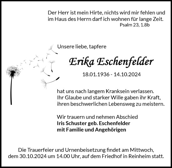 Traueranzeige von Erika Eschenfelder von Darmstädter Echo