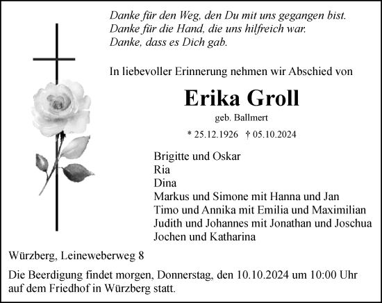 Traueranzeige von Erika Groll von Odenwälder Echo