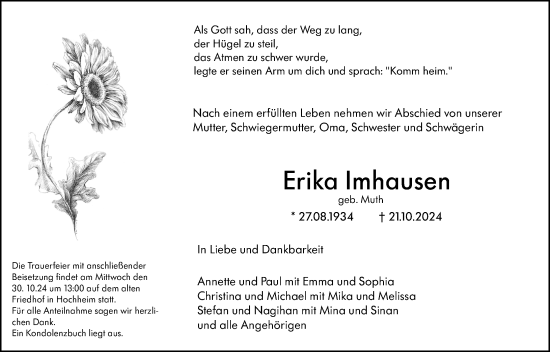 Traueranzeige von Erika Imhausen von Hochheimer Zeitung