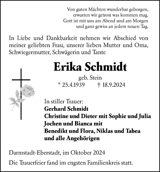 Traueranzeige von Erika Schmidt von Darmstädter Echo