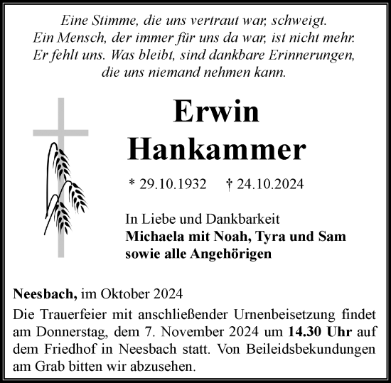 Traueranzeige von Erwin Hankammer von Camberger Anzeiger