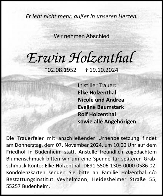 Traueranzeige von Erwin Holzenthal von Wiesbadener Kurier