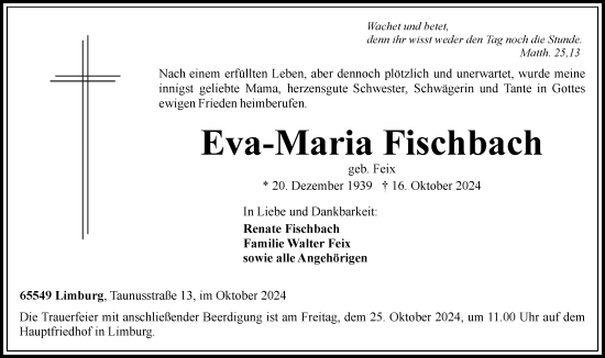 Traueranzeige von Eva-Maria Fischbach von Nassauische Neue Presse