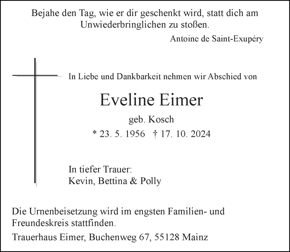  Traueranzeige für Eveline Eimer vom 26.10.2024 aus Allgemeine Zeitung Mainz