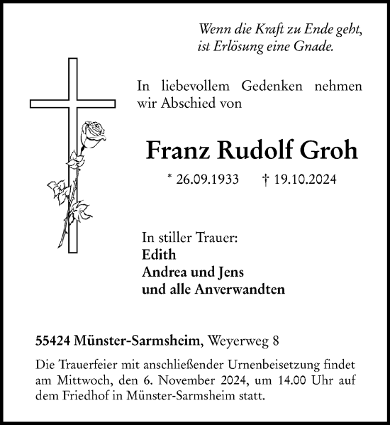 Traueranzeige von Franz Rudolf Groh von Allgemeine Zeitung Rheinhessen-Nahe