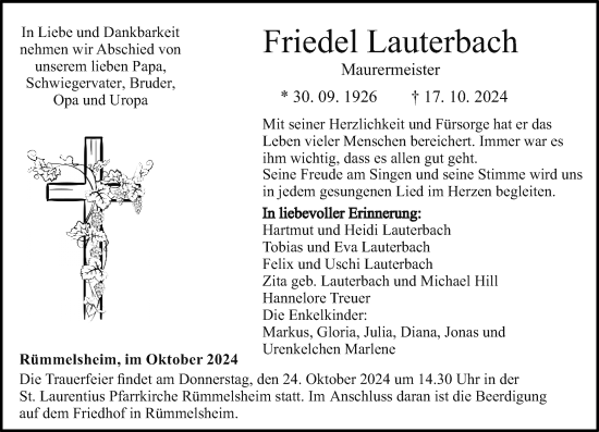 Traueranzeige von Friedel Lauterbach von Allgemeine Zeitung Rheinhessen-Nahe