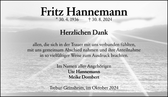 Traueranzeige von Fritz Hannemann von Groß-Gerauer Echo