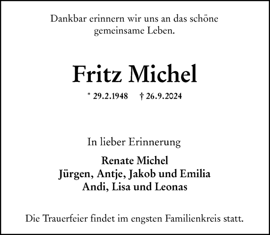 Traueranzeige von Fritz Michel von Wiesbadener Kurier