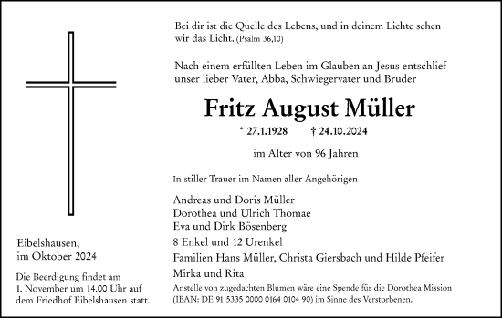 Traueranzeige von Fritz August Müller von Dill Block