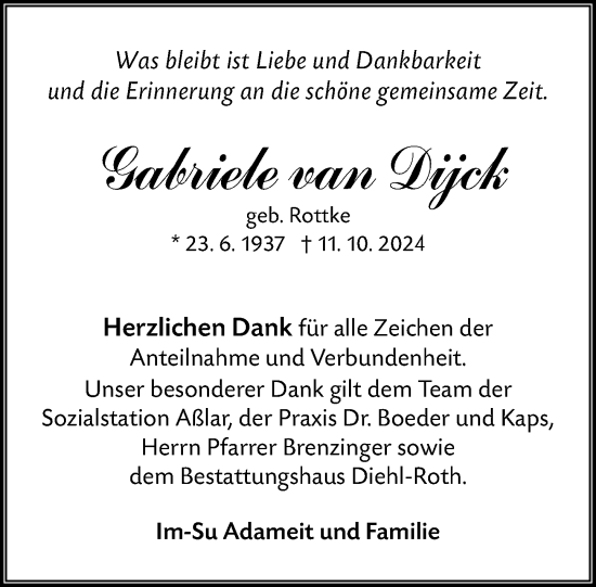 Traueranzeige von Gabriele van Dijck von Wetzlarer Neue Zeitung