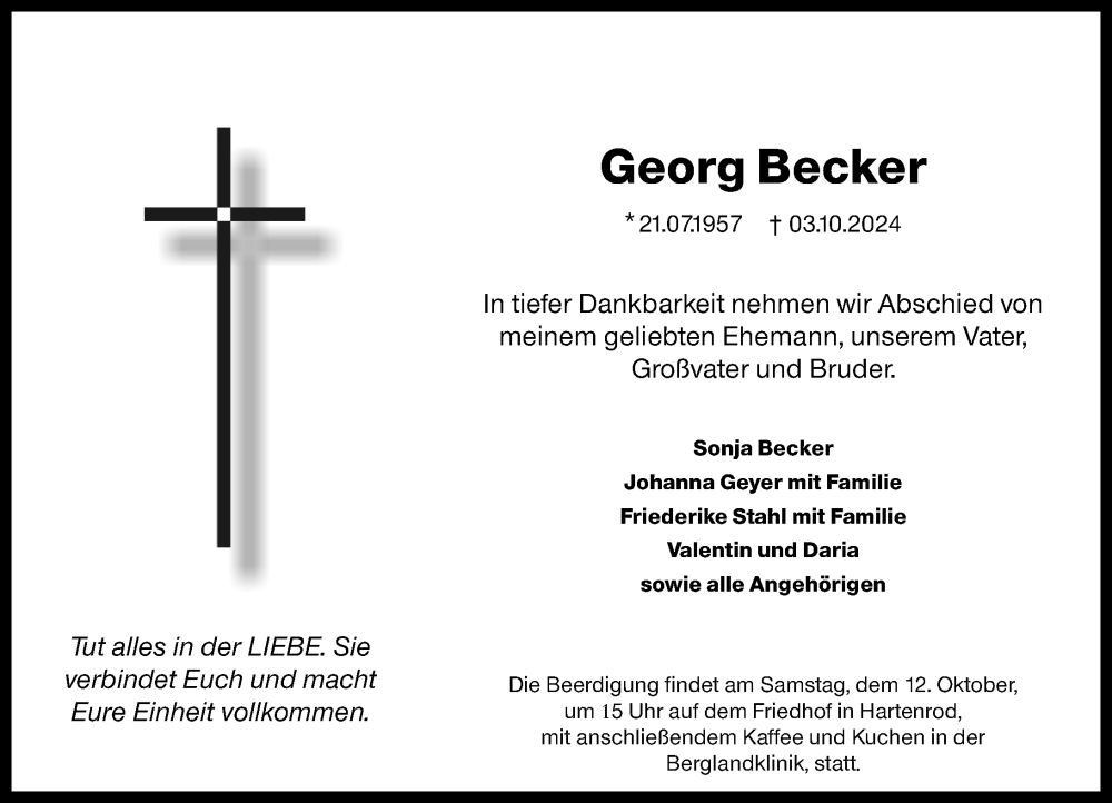  Traueranzeige für Georg Becker vom 09.10.2024 aus Hinterländer Anzeiger