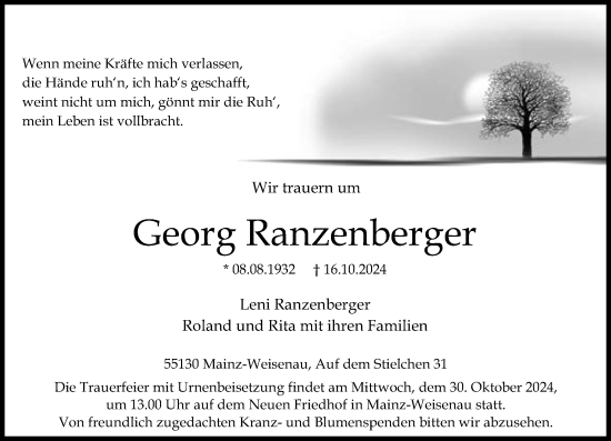 Traueranzeige von Georg Ranzenberger von Allgemeine Zeitung Mainz