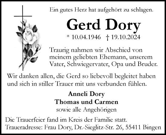 Traueranzeige von Gerd Dory von Allgemeine Zeitung Rheinhessen-Nahe