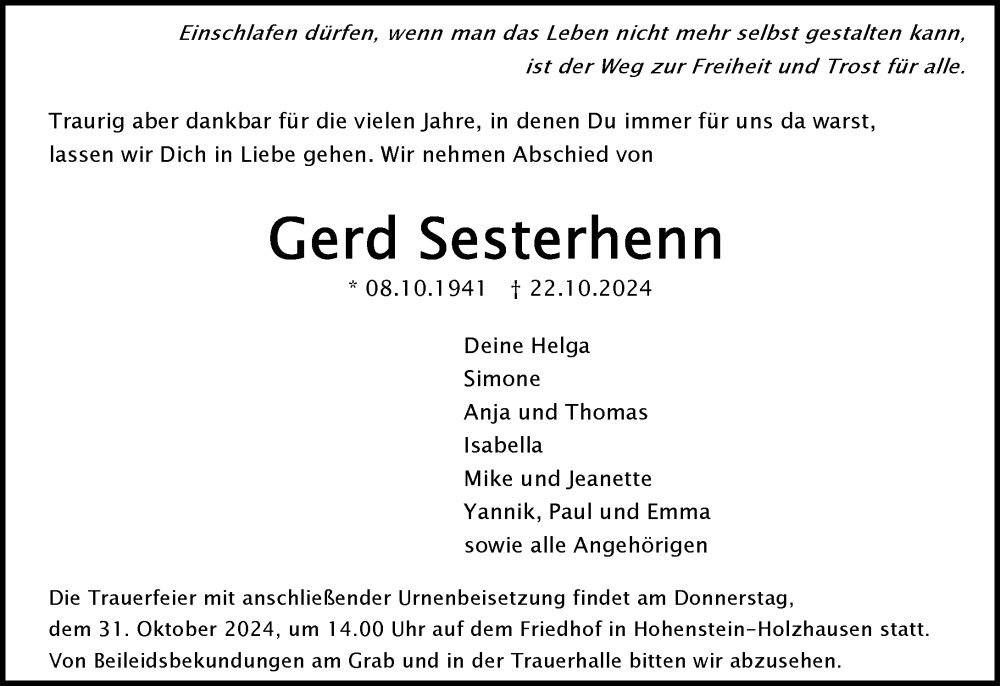  Traueranzeige für Gerd Sesterhenn vom 26.10.2024 aus Wiesbadener Kurier