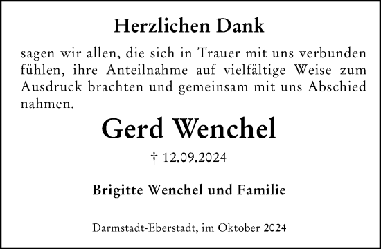 Traueranzeige von Gerd Wenchel von Darmstädter Echo