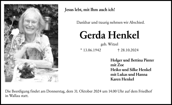 Traueranzeige von Gerda Henkel von Hinterländer Anzeiger