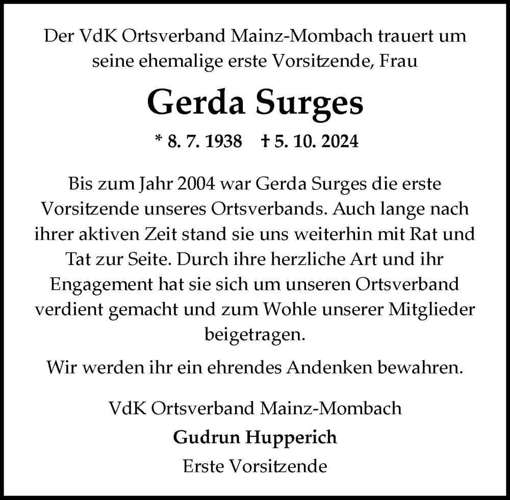  Traueranzeige für Gerda Surges vom 09.10.2024 aus Allgemeine Zeitung Mainz