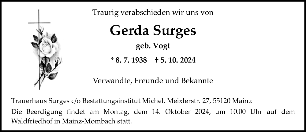  Traueranzeige für Gerda Surges vom 09.10.2024 aus Allgemeine Zeitung Mainz