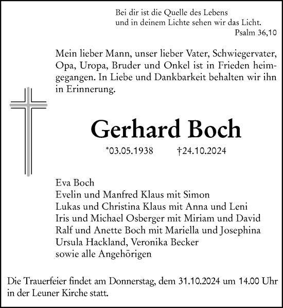 Traueranzeige von Gerhard Boch von Wetzlarer Neue Zeitung