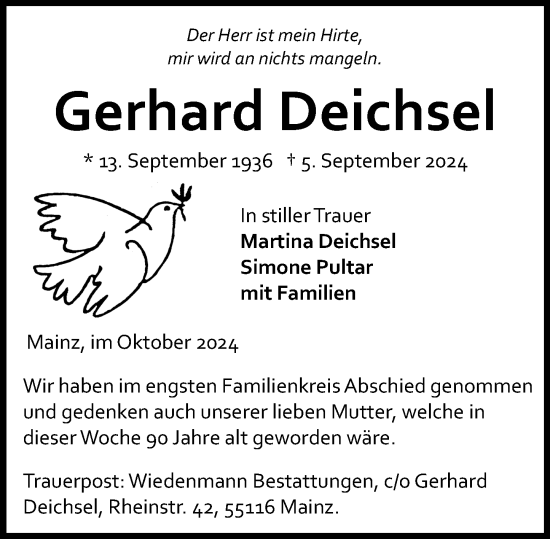 Traueranzeige von Gerhard Deichsel von Allgemeine Zeitung Mainz