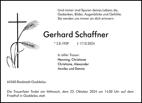 Traueranzeige von Gerhard Schaffner von Groß-Gerauer Echo