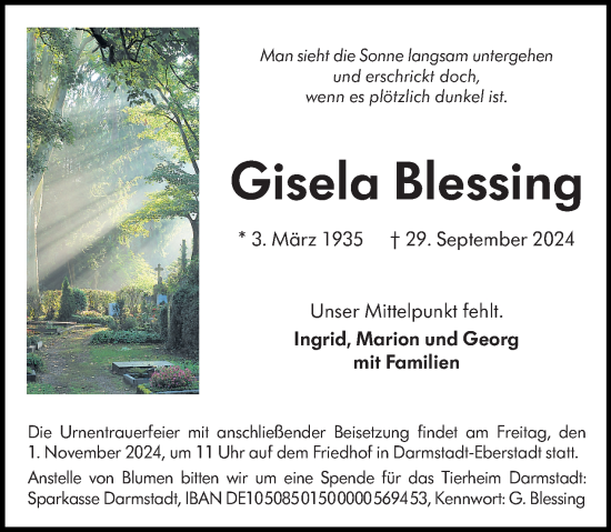 Traueranzeige von Gisela Blessing von Darmstädter Echo