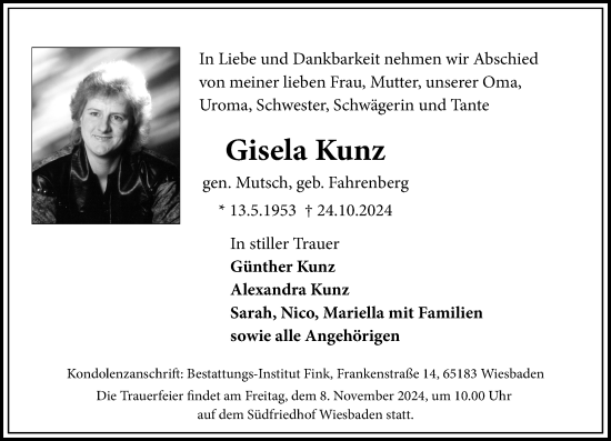 Traueranzeige von Gisela Kunz von Wiesbadener Kurier