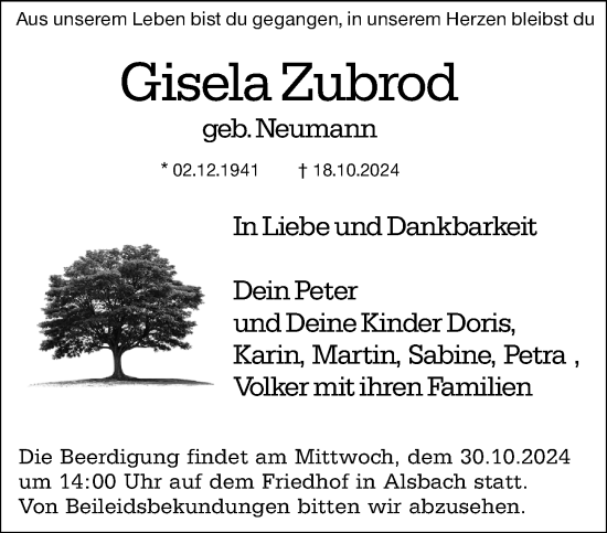 Traueranzeige von Gisela Zubrod von Darmstädter Echo