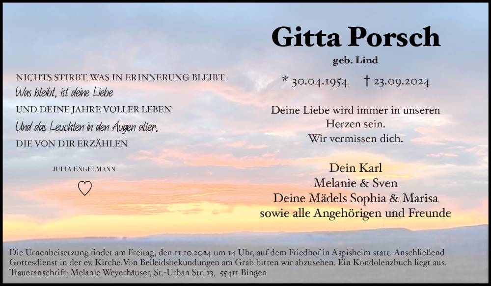  Traueranzeige für Gitta Porsch vom 05.10.2024 aus Allgemeine Zeitung Rheinhessen-Nahe