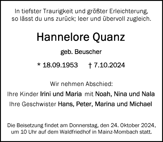 Traueranzeige von Hannelore Quanz von Allgemeine Zeitung Mainz