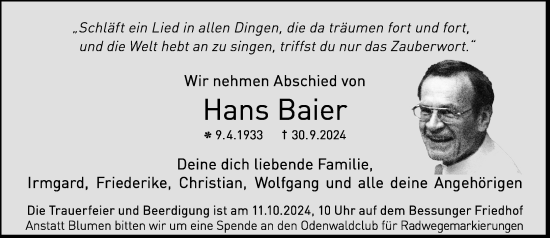 Traueranzeige von Hans Baier von Darmstädter Echo