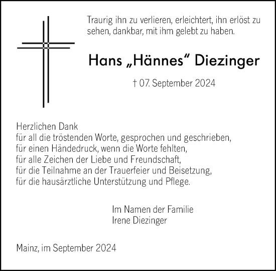 Traueranzeige von Hans Diezinger von Allgemeine Zeitung Mainz