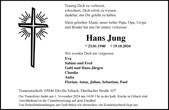 Traueranzeige von Hans Jung von Rheingau Kurier