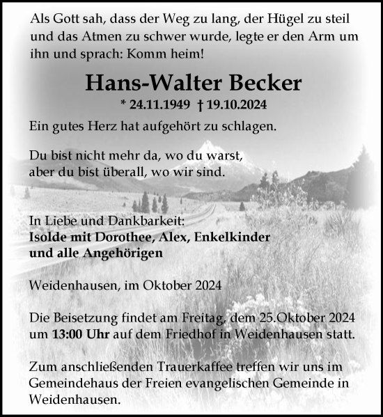 Traueranzeige von Hans-Walter Becker von Hinterländer Anzeiger