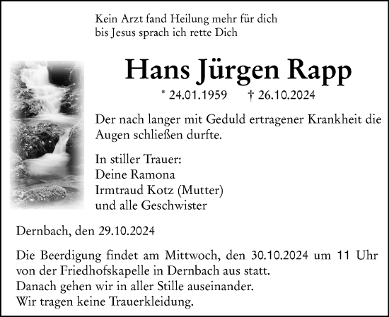 Traueranzeige von Hans Jürgen Rapp von Hinterländer Anzeiger