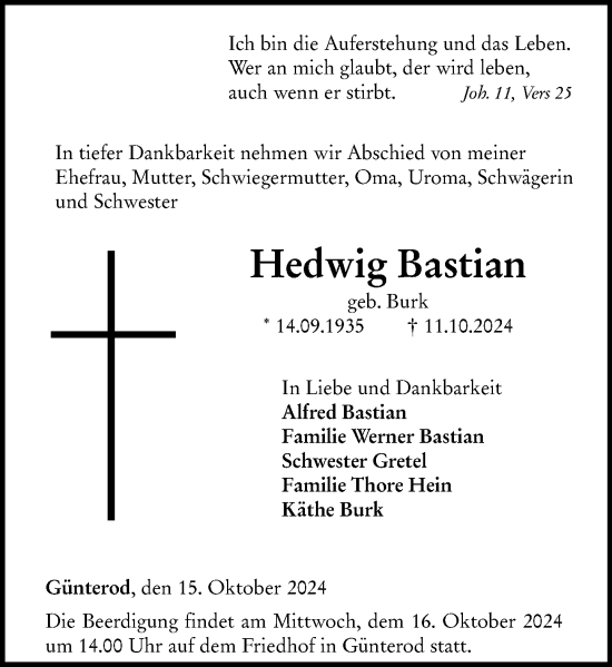 Traueranzeige von Hedwig Bastian von Hinterländer Anzeiger