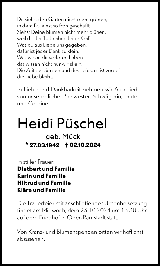 Traueranzeige von Heidi Püschel von Darmstädter Echo