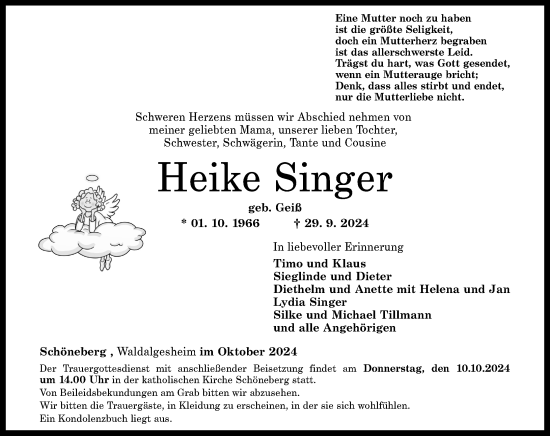 Traueranzeige von Heike Singer von Allgemeine Zeitung Rheinhessen-Nahe