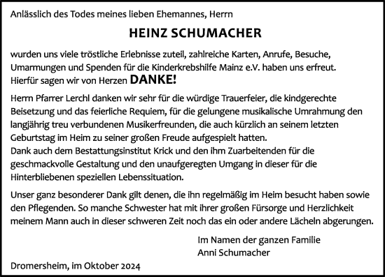 Traueranzeige von Heinz Schumacher von Allgemeine Zeitung Rheinhessen-Nahe